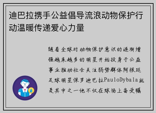 迪巴拉携手公益倡导流浪动物保护行动温暖传递爱心力量