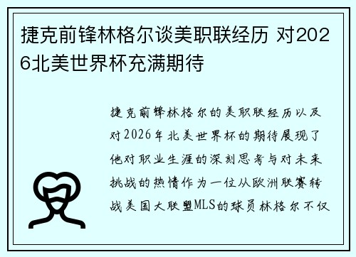 捷克前锋林格尔谈美职联经历 对2026北美世界杯充满期待 捷克前锋林格尔谈美职联经历 对2026北美世界杯充满期待
